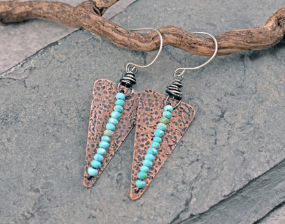 Turquoise Mixed Metal Statement Earrings, Copper Triangle and Sterling Silver Dangles, Unique Light Blue Gemstone Jewelry