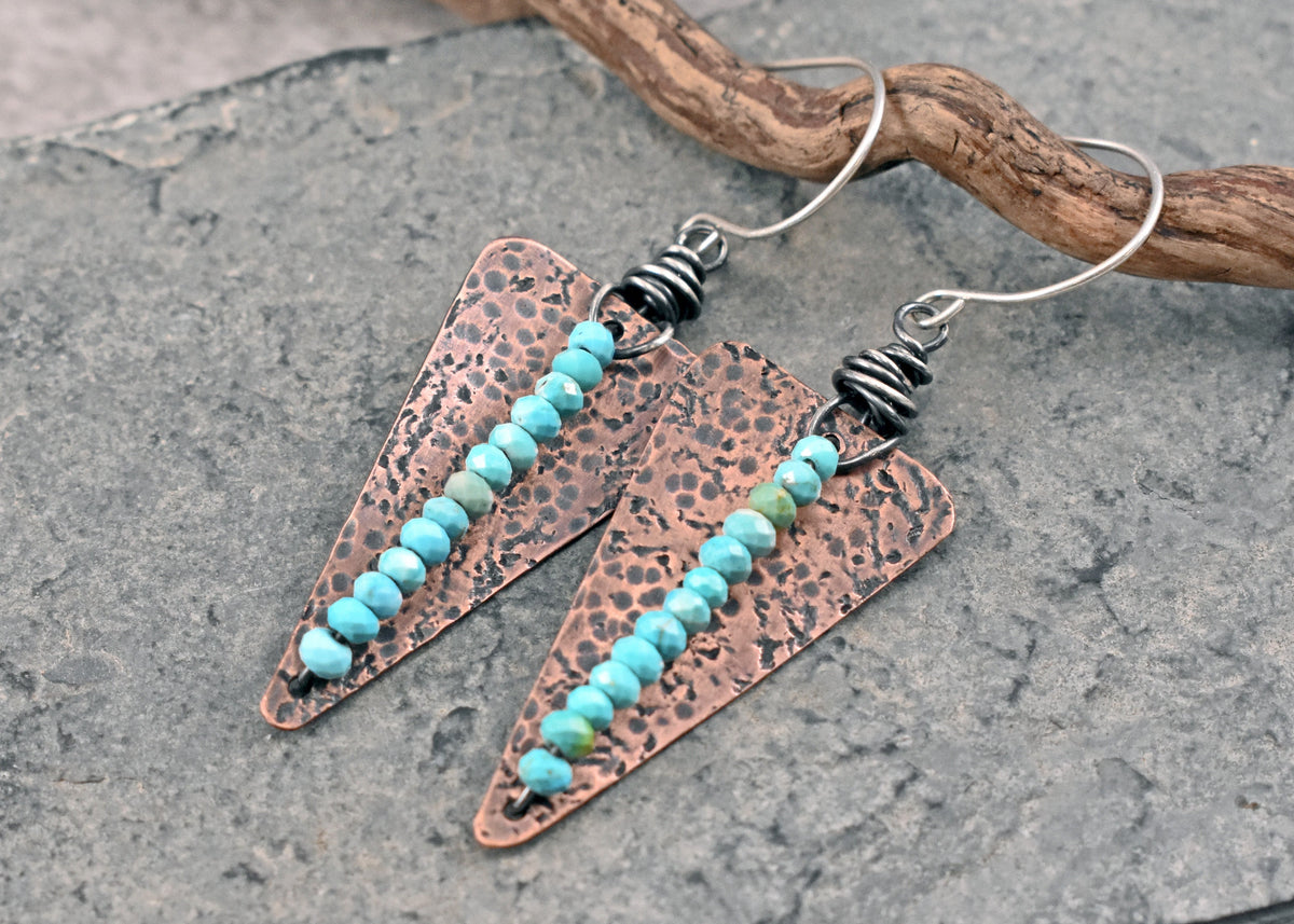 Turquoise Mixed Metal Statement Earrings, Copper Triangle and Sterling Silver Dangles, Unique Light Blue Gemstone Jewelry
