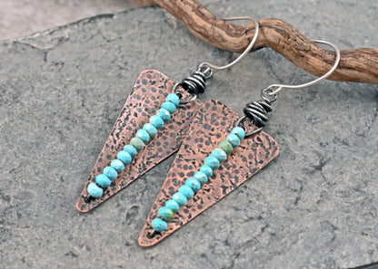 Turquoise Mixed Metal Statement Earrings, Copper Triangle and Sterling Silver Dangles, Unique Light Blue Gemstone Jewelry