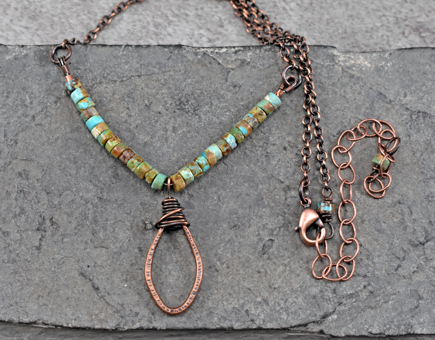 Rustic Turquoise and Copper Wire Necklace, Earthy Boho Handmade Jewelry