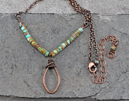 Rustic Turquoise and Copper Wire Necklace, Earthy Boho Handmade Jewelry