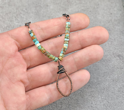 Rustic Turquoise and Copper Wire Necklace, Earthy Boho Handmade Jewelry