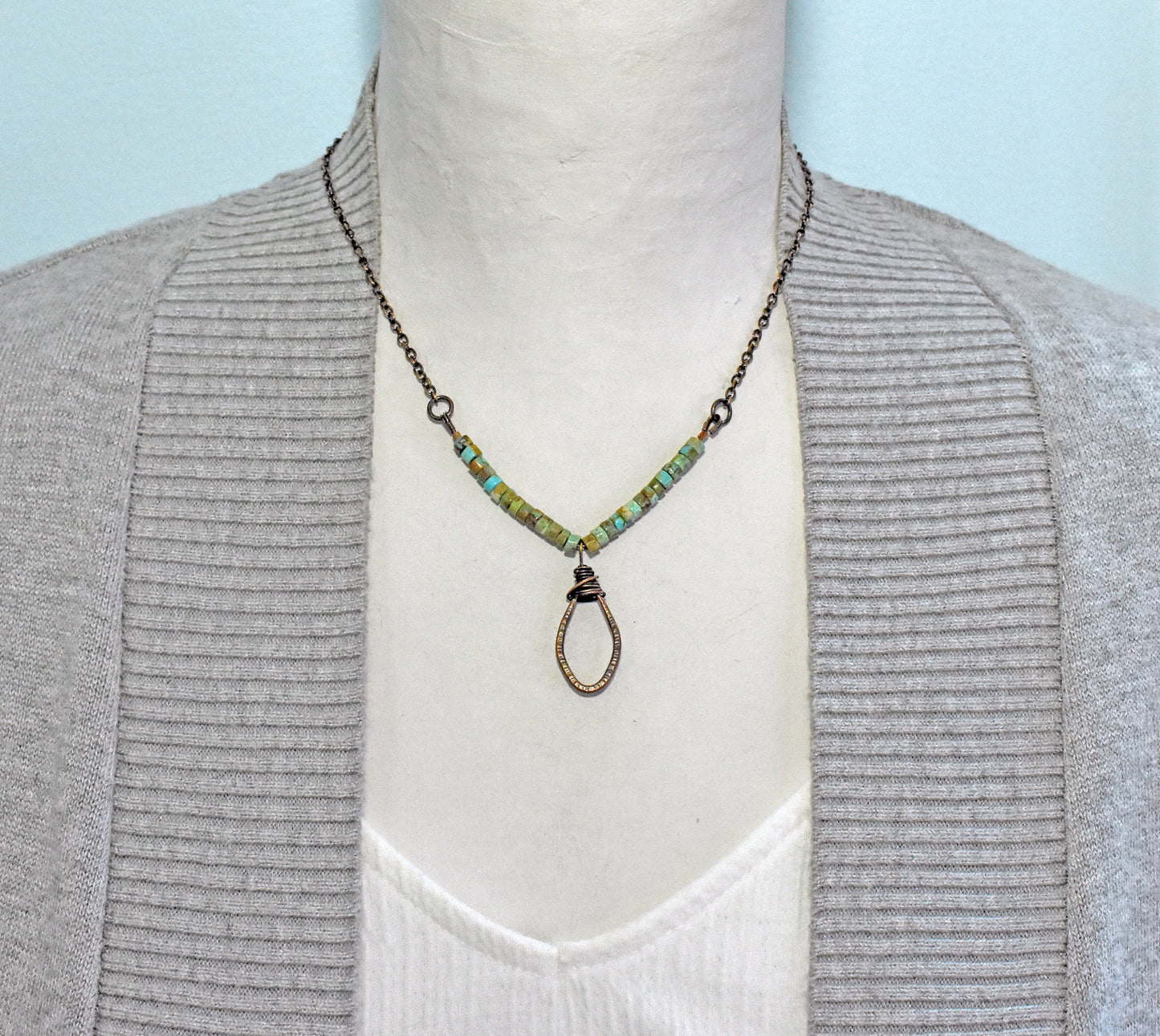 Rustic Turquoise and Copper Wire Necklace, Earthy Boho Handmade Jewelry