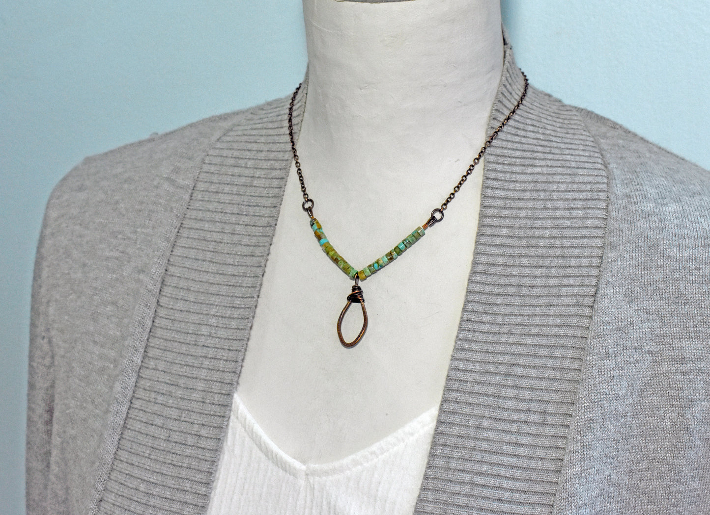 Rustic Turquoise and Copper Wire Necklace, Earthy Boho Handmade Jewelry
