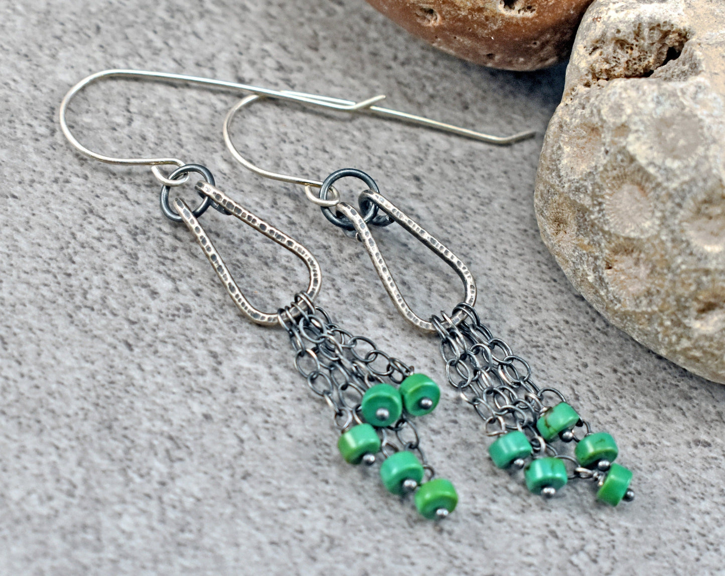 Long Turquoise Earrings, Artisan Sterling Silver Chain Fringe Dangles, Rustic Green Gemstone Jewelry
