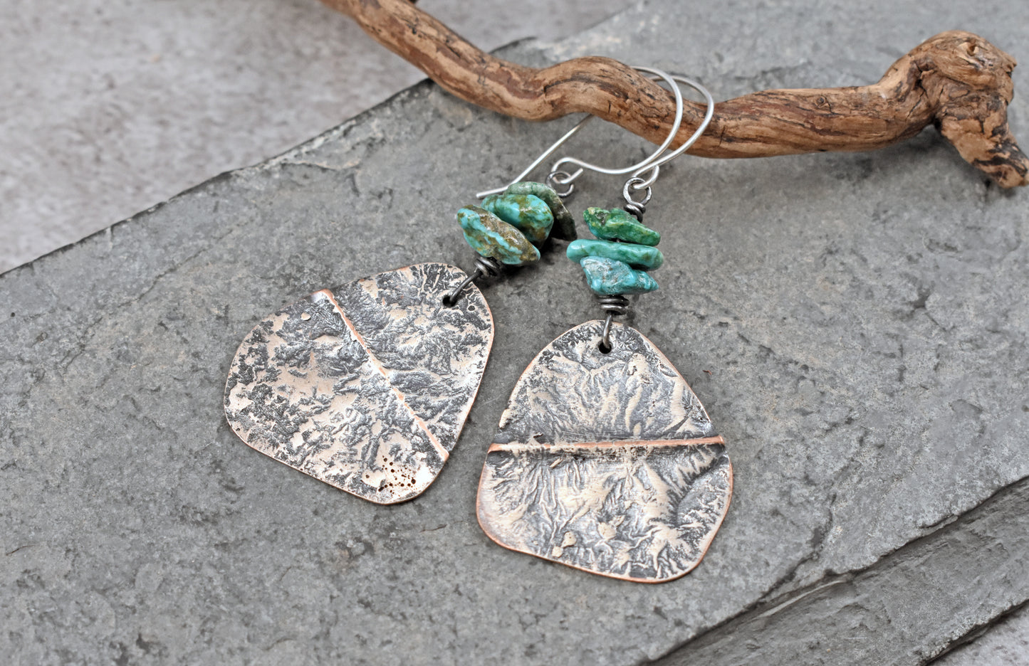 Turquoise Mixed Metal Statement Earrings, Sterling Silver on Copper Unique Green Gemstone Artisan Jewelry