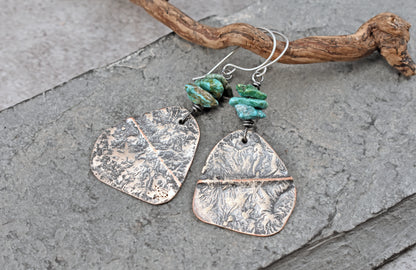 Turquoise Mixed Metal Statement Earrings, Sterling Silver on Copper Unique Green Gemstone Artisan Jewelry