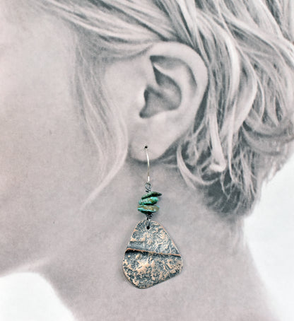 Turquoise Mixed Metal Statement Earrings, Sterling Silver on Copper Unique Green Gemstone Artisan Jewelry