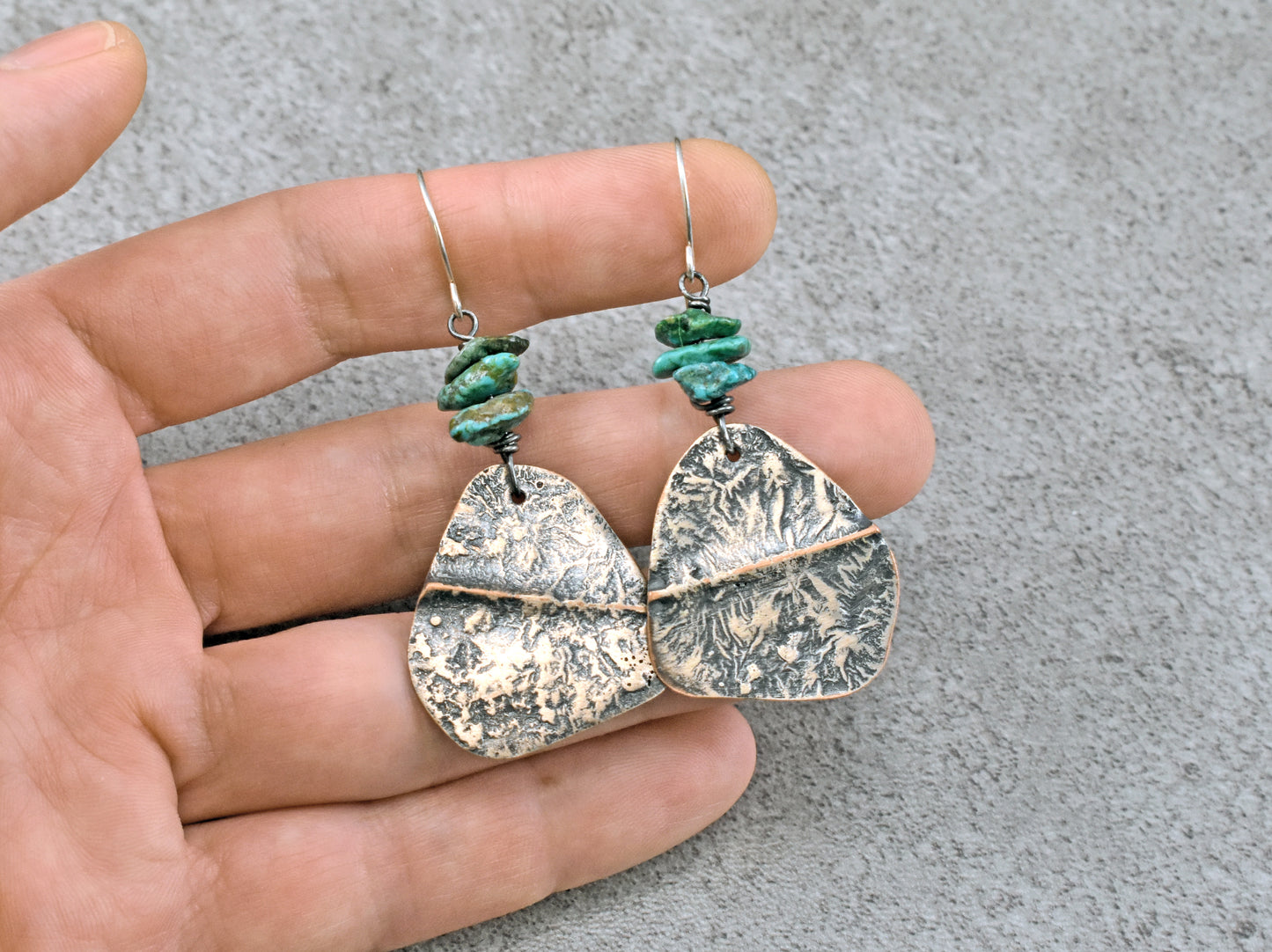Turquoise Mixed Metal Statement Earrings, Sterling Silver on Copper Unique Green Gemstone Artisan Jewelry