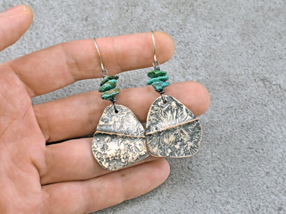 Turquoise Mixed Metal Statement Earrings, Sterling Silver on Copper Unique Green Gemstone Artisan Jewelry