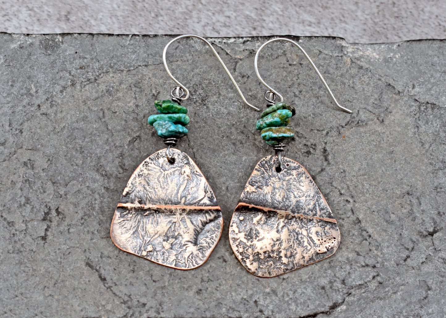Turquoise Mixed Metal Statement Earrings, Sterling Silver on Copper Unique Green Gemstone Artisan Jewelry