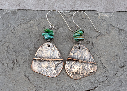 Turquoise Mixed Metal Statement Earrings, Sterling Silver on Copper Unique Green Gemstone Artisan Jewelry