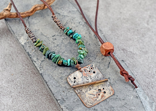 Turquoise Mixed Metal Leather Necklace, Natural Green Brown Stone, Sterling Silver on Copper Handmade Jewelry