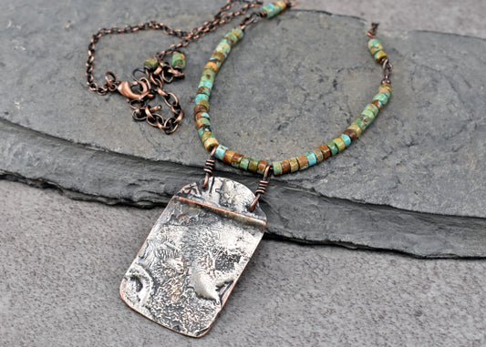 Turquoise Mixed Metal Necklace, Natural Green Brown Stone, Sterling and Copper Handmade Jewelry
