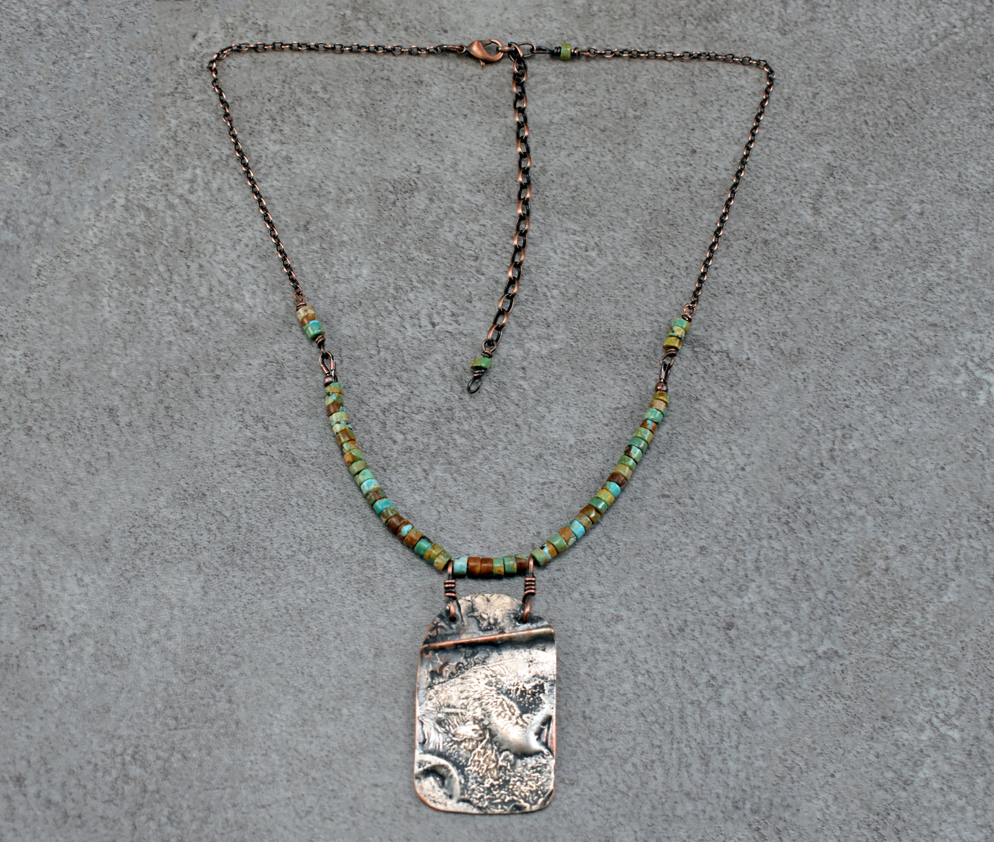 Turquoise Mixed Metal Necklace, Natural Green Brown Stone, Sterling and Copper Handmade Jewelry