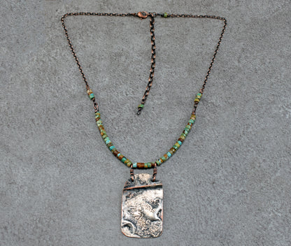 Turquoise Mixed Metal Necklace, Natural Green Brown Stone, Sterling and Copper Handmade Jewelry