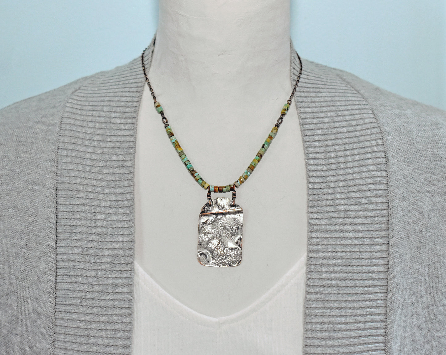 Turquoise Mixed Metal Necklace, Natural Green Brown Stone, Sterling and Copper Handmade Jewelry