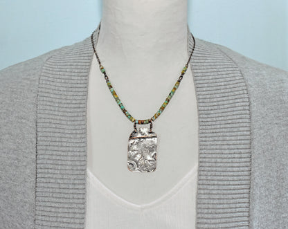 Turquoise Mixed Metal Necklace, Natural Green Brown Stone, Sterling and Copper Handmade Jewelry