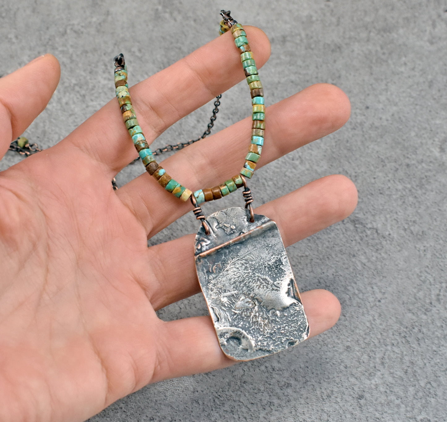 Turquoise Mixed Metal Necklace, Natural Green Brown Stone, Sterling and Copper Handmade Jewelry