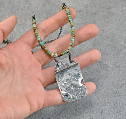 Turquoise Mixed Metal Necklace, Natural Green Brown Stone, Sterling and Copper Handmade Jewelry