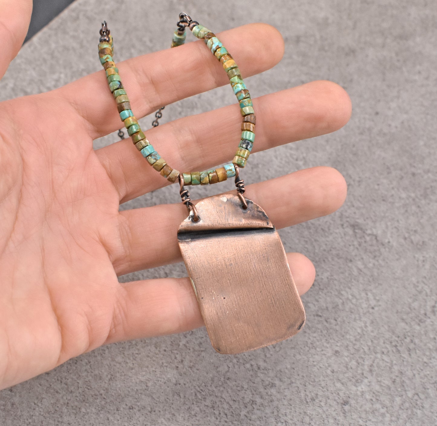 Turquoise Mixed Metal Necklace, Natural Green Brown Stone, Sterling and Copper Handmade Jewelry