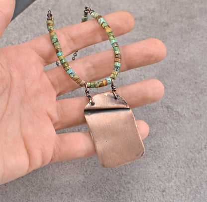 Turquoise Mixed Metal Necklace, Natural Green Brown Stone, Sterling and Copper Handmade Jewelry