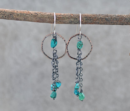 Long Turquoise, Copper Circle and Sterling Silver Chain Dangle Earrings, Rustic Boho Handmade Jewelry