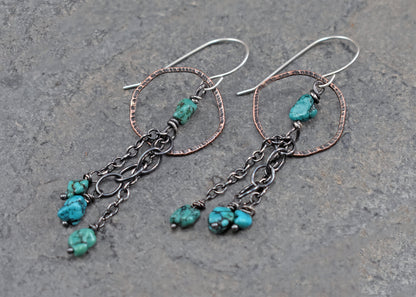 Long Turquoise, Copper Circle and Sterling Silver Chain Dangle Earrings, Rustic Boho Handmade Jewelry