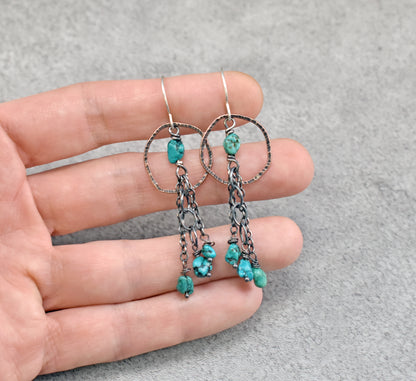 Long Turquoise, Copper Circle and Sterling Silver Chain Dangle Earrings, Rustic Boho Handmade Jewelry