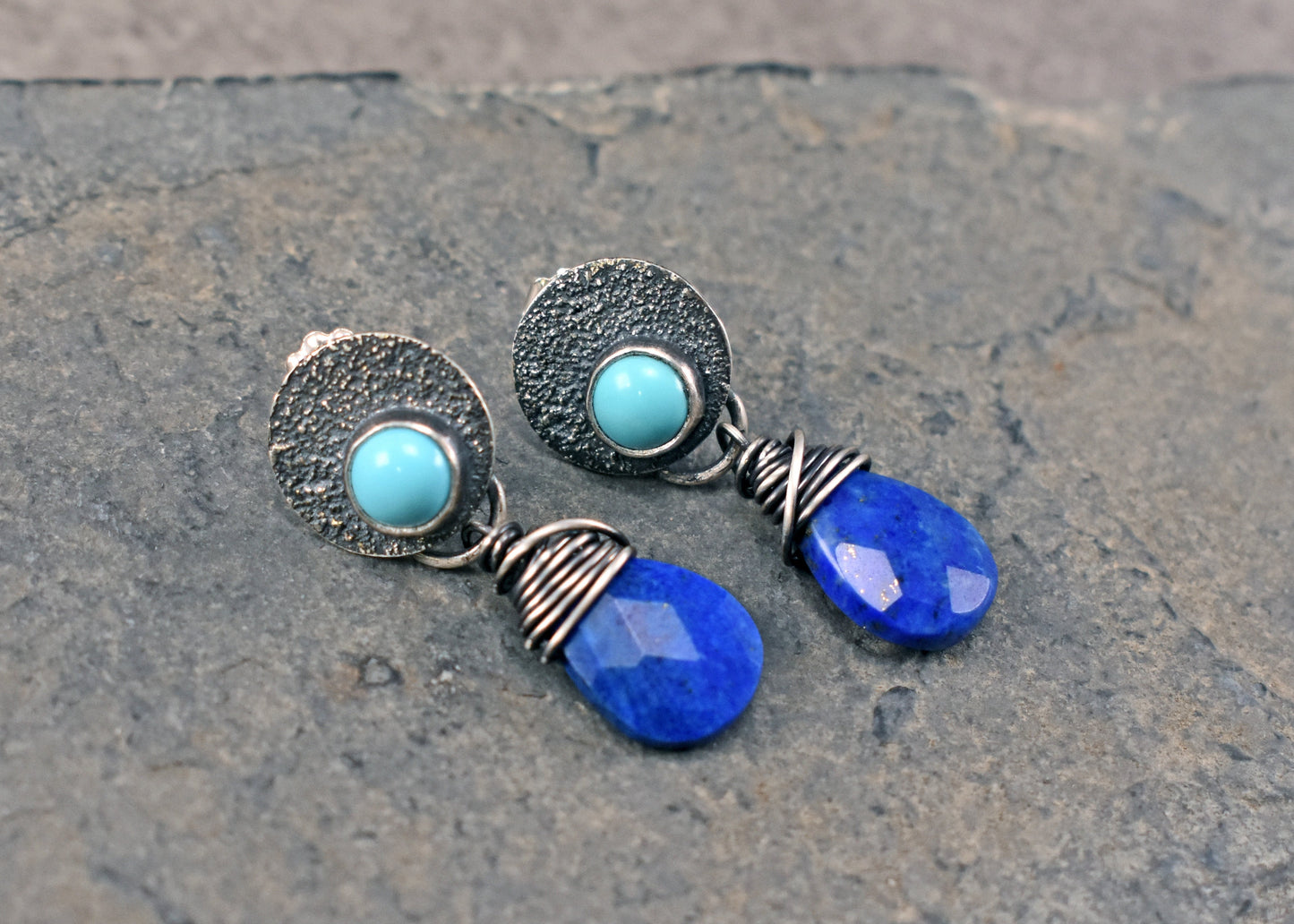 Turquoise, Faceted Lapis Lazuli Teardrop and Sterling Silver Post Dangle Earrings, Rustic Silversmith Jewelry