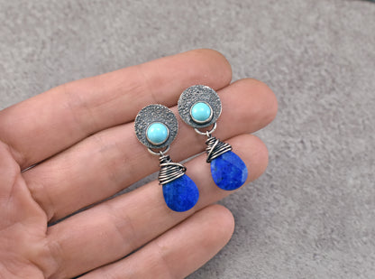 Turquoise, Faceted Lapis Lazuli Teardrop and Sterling Silver Post Dangle Earrings, Rustic Silversmith Jewelry