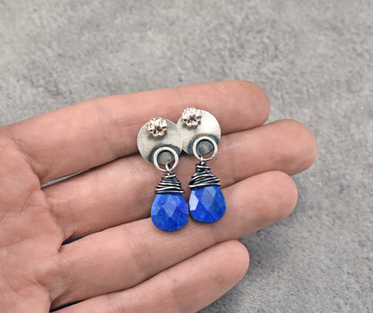 Turquoise, Faceted Lapis Lazuli Teardrop and Sterling Silver Post Dangle Earrings, Rustic Silversmith Jewelry