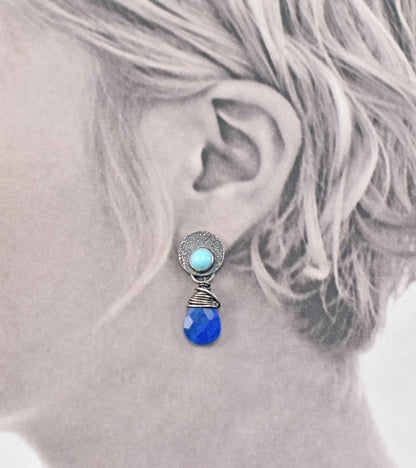 Turquoise, Faceted Lapis Lazuli Teardrop and Sterling Silver Post Dangle Earrings, Rustic Silversmith Jewelry