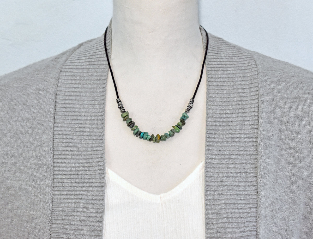 Turquoise, Leather and Sterling Silver Necklace, Natural Green Stone, Rustic Artisan Jewelry