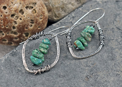 Turquoise and Sterling Silver Wire Earrings, Rustic Boho Handmade Jewelry
