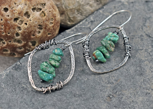Turquoise and Sterling Silver Wire Earrings, Rustic Boho Handmade Jewelry