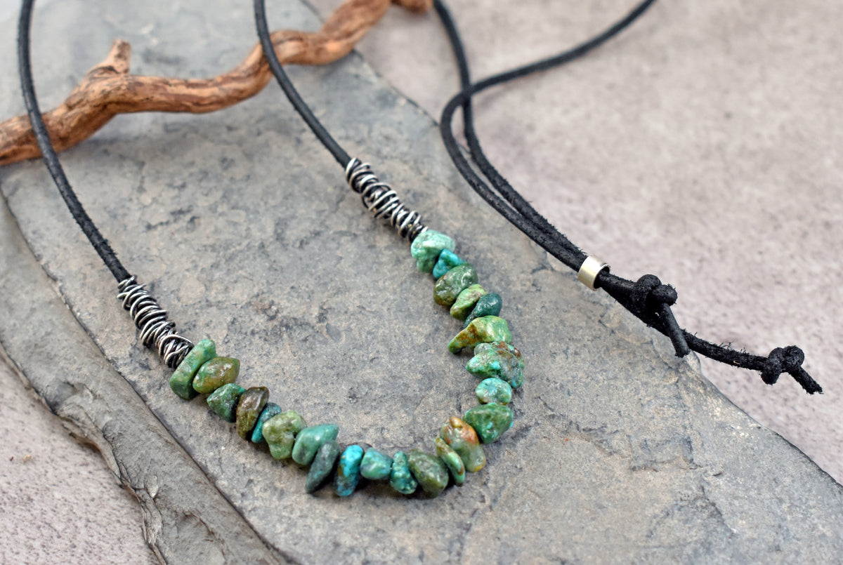 Turquoise, Leather and Sterling Silver Necklace, Natural Green Stone, Rustic Artisan Jewelry