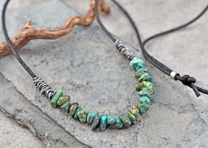 Turquoise, Leather and Sterling Silver Necklace, Natural Green Stone, Rustic Artisan Jewelry