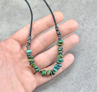 Turquoise, Leather and Sterling Silver Necklace, Natural Green Stone, Rustic Artisan Jewelry