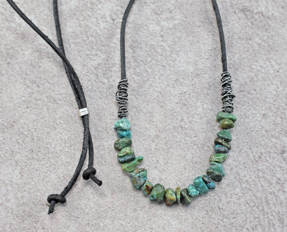 Turquoise, Leather and Sterling Silver Necklace, Natural Green Stone, Rustic Artisan Jewelry