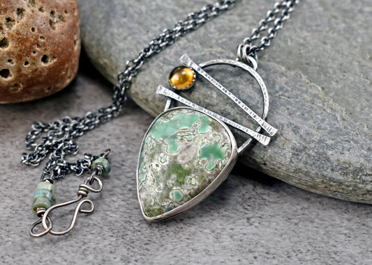 Variscite, Citrine and Sterling Silver Necklace, Rustic Silversmith Pendant, Artisan Handmade Jewelry