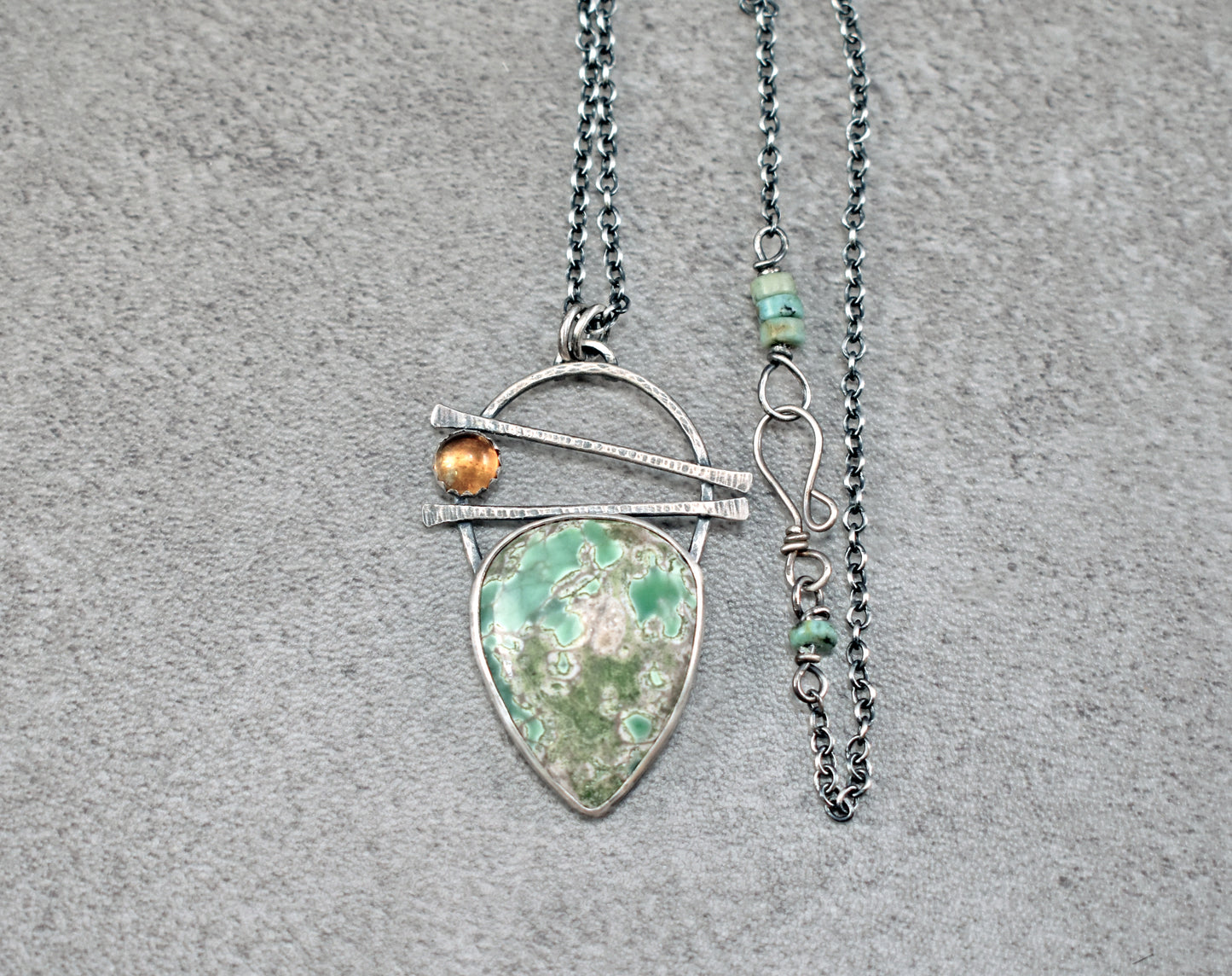 Variscite, Citrine and Sterling Silver Necklace, Rustic Silversmith Pendant, Artisan Handmade Jewelry