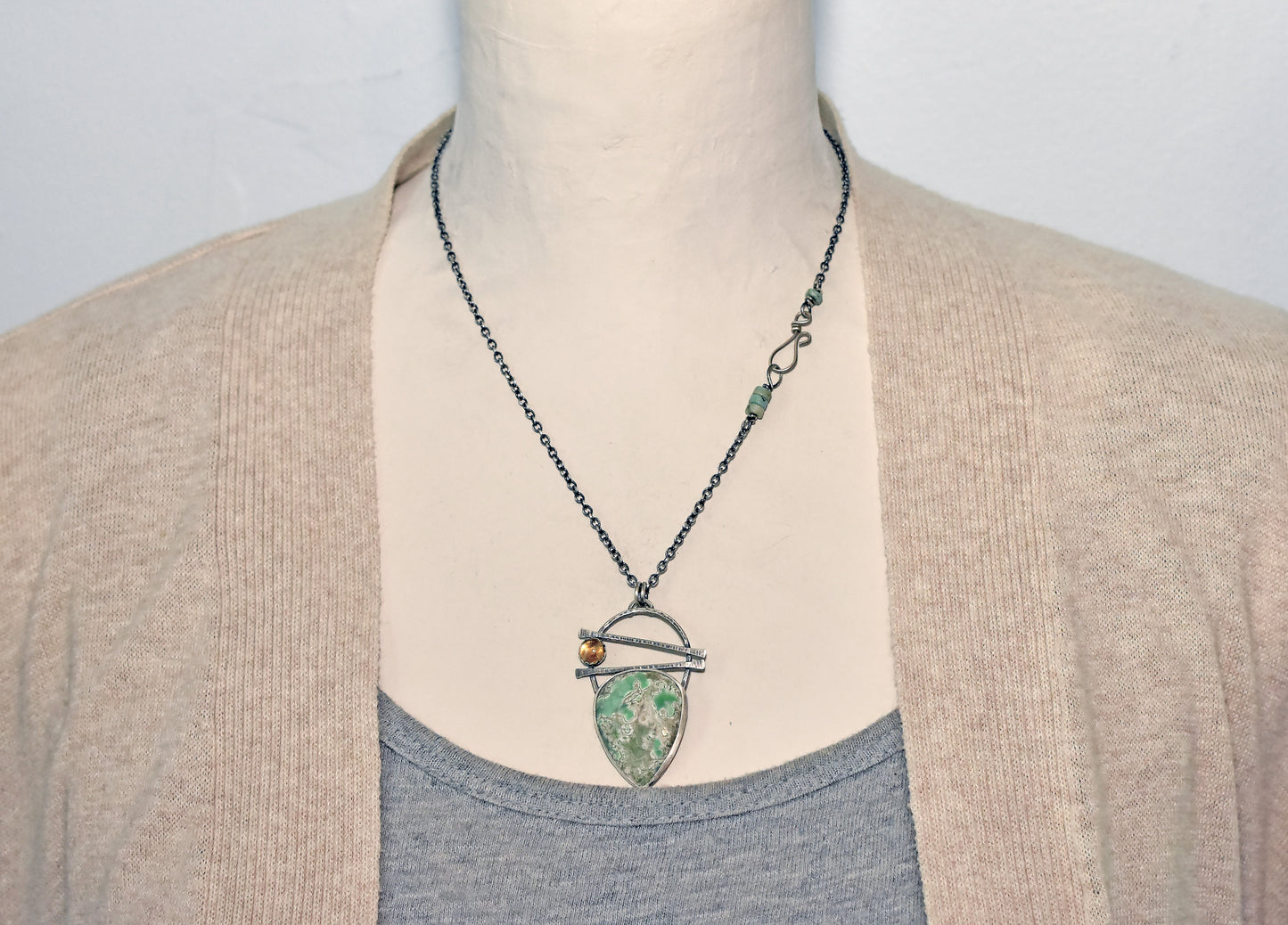 Variscite, Citrine and Sterling Silver Necklace, Rustic Silversmith Pendant, Artisan Handmade Jewelry