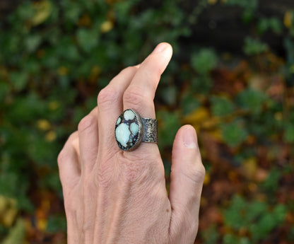 Variscite and Sterling Silver Wide Band Statement Ring, Size 9, Rustic Silversmith Handmade Jewelry