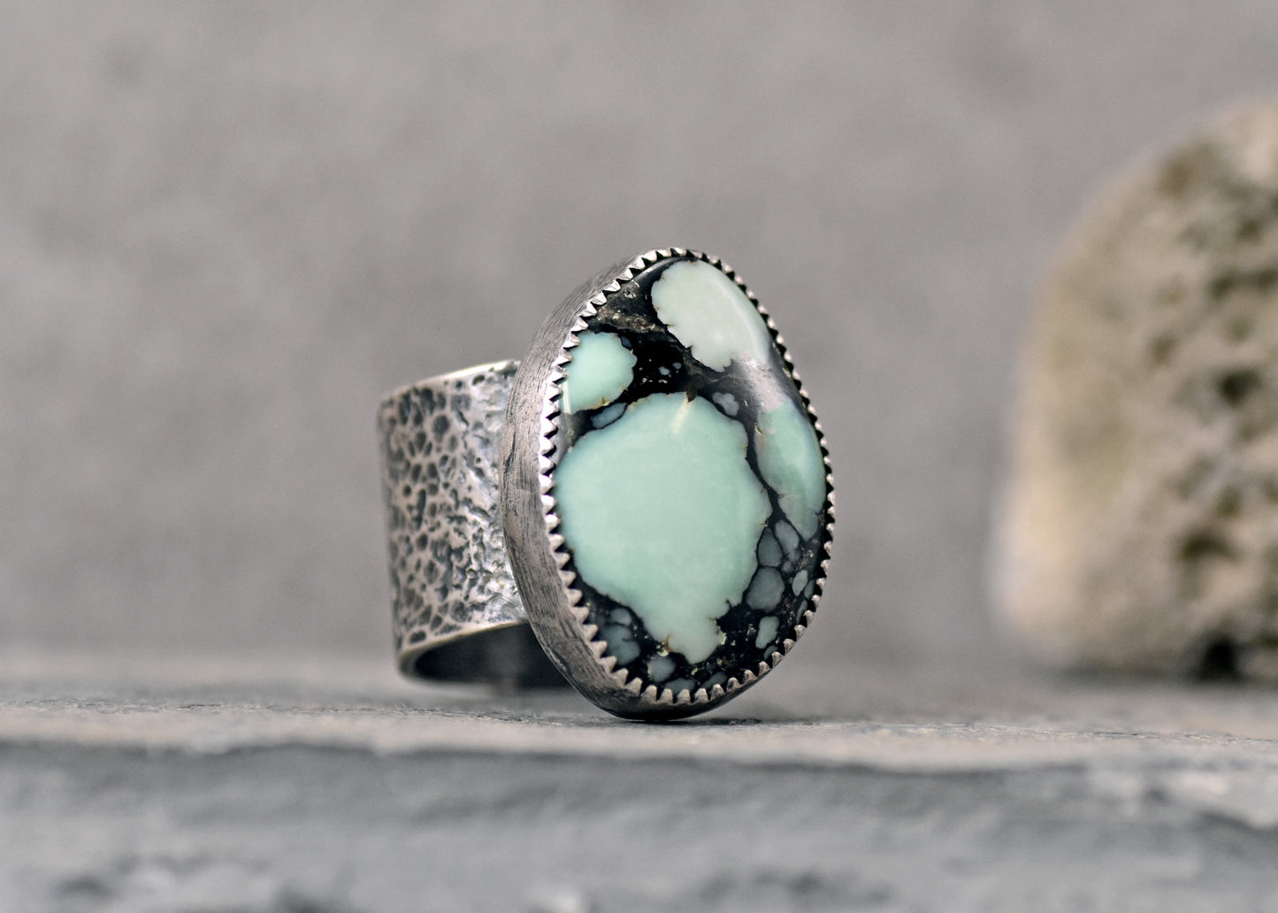 Variscite and Sterling Silver Wide Band Statement Ring, Size 9, Rustic Silversmith Handmade Jewelry