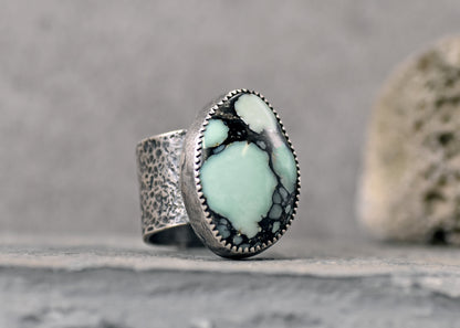 Variscite and Sterling Silver Wide Band Statement Ring, Size 9, Rustic Silversmith Handmade Jewelry