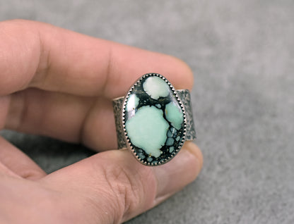 Variscite and Sterling Silver Wide Band Statement Ring, Size 9, Rustic Silversmith Handmade Jewelry