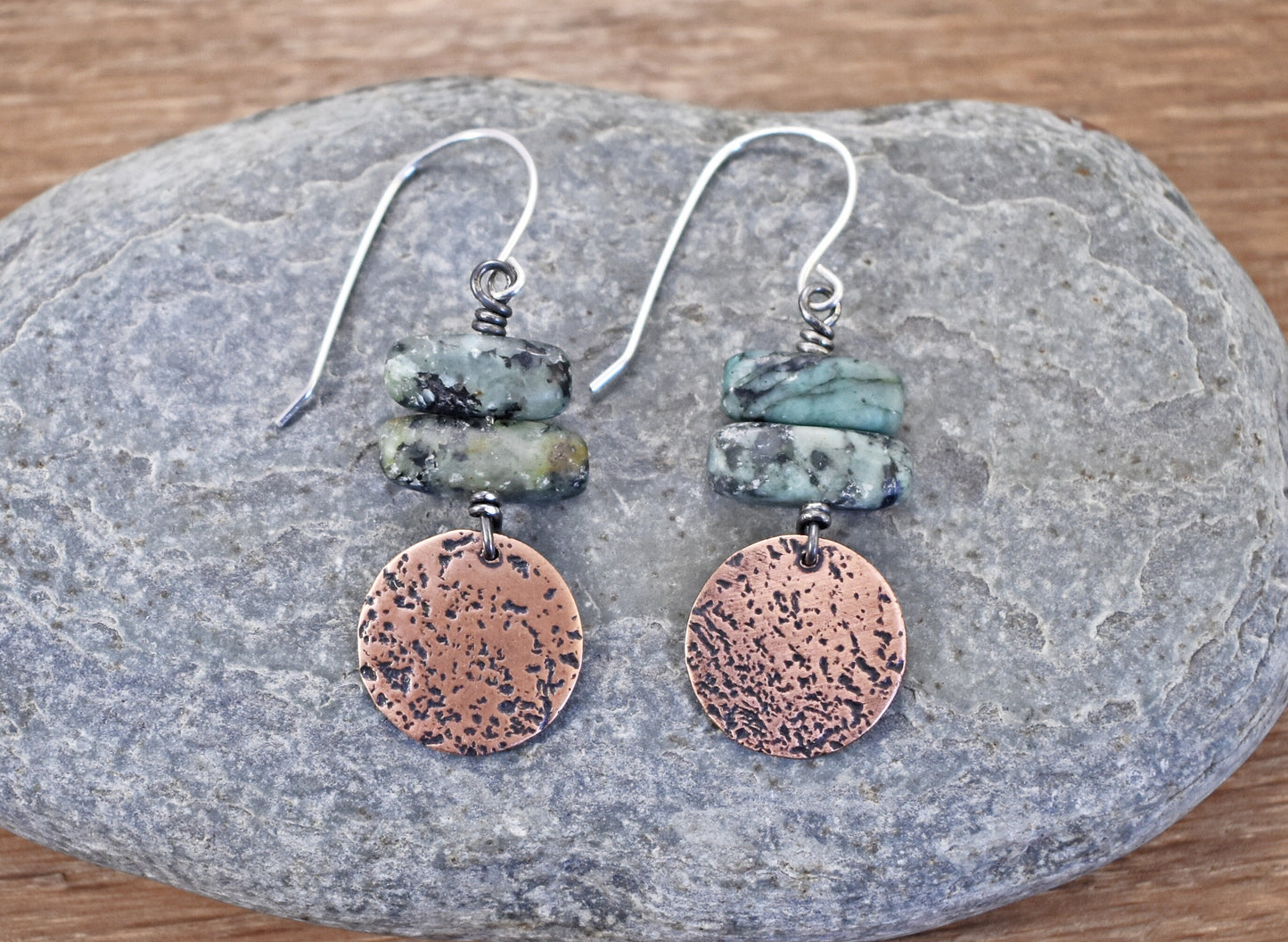 African Turquoise Jasper Earrings, Earthy Copper Gemstone Dangles, Rustic Green Stone Jewelry Handmade