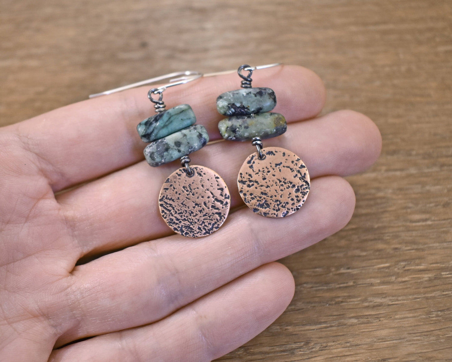 African Turquoise Jasper Earrings, Earthy Copper Gemstone Dangles, Rustic Green Stone Jewelry Handmade