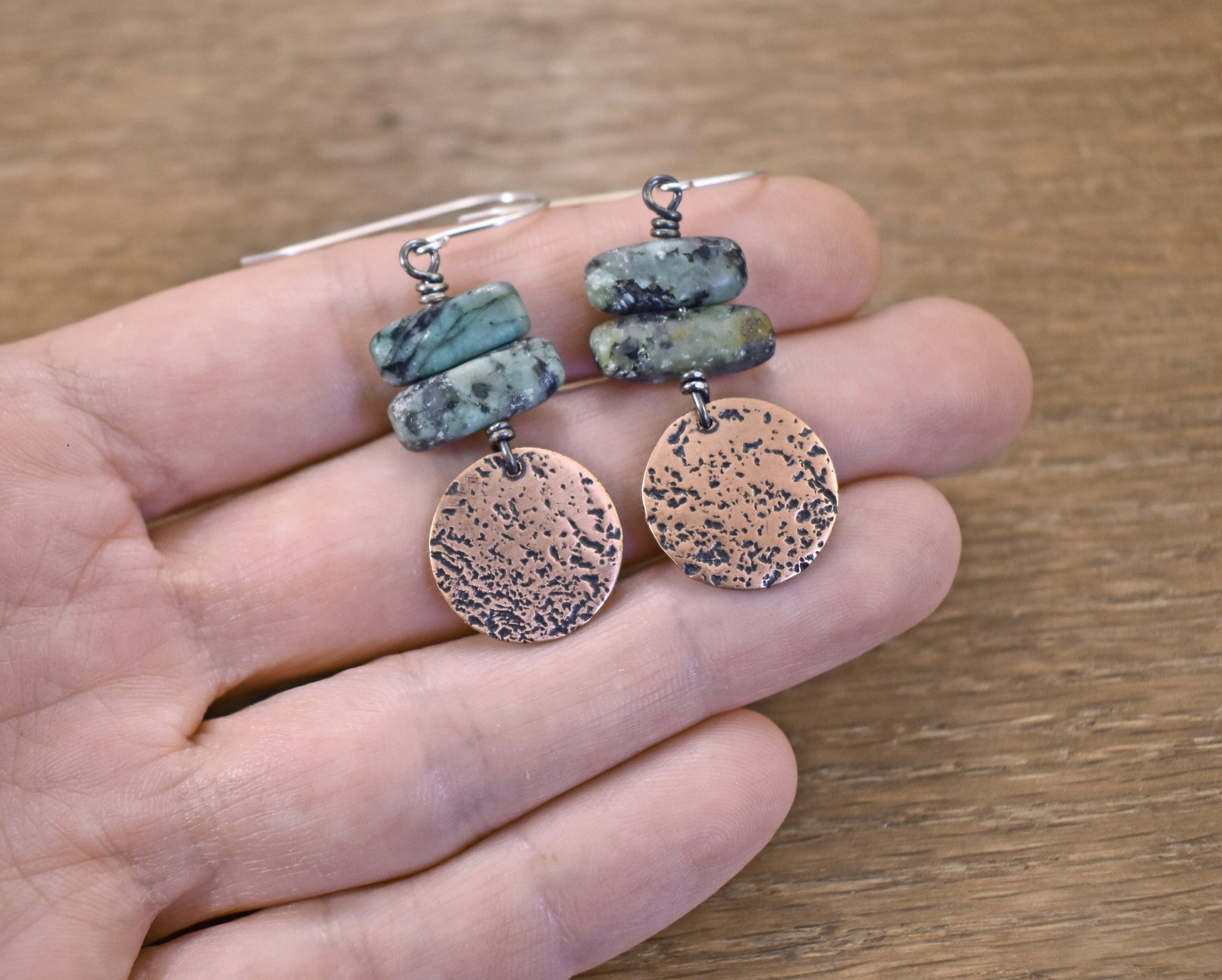 African Turquoise Jasper Earrings, Earthy Copper Gemstone Dangles, Rustic Green Stone Jewelry Handmade